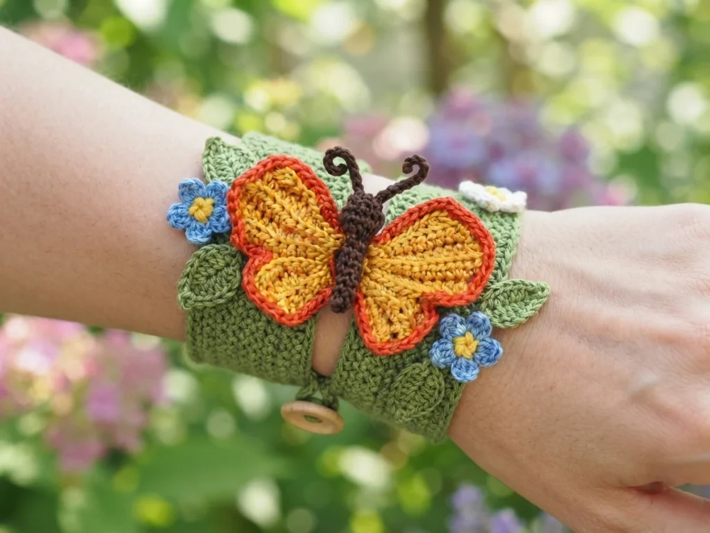 A green crocheted bracelet decorated with an orange and yellow butterfly, blue flowers and green leaves, shown worn on a wrist outdoors.