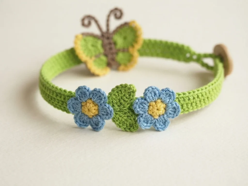 Finished crochet butterfly bracelet in green with a yellow edged green butterfly, two small blue and yellow flowers with a green leaf, and a wooden button, on a plain light background