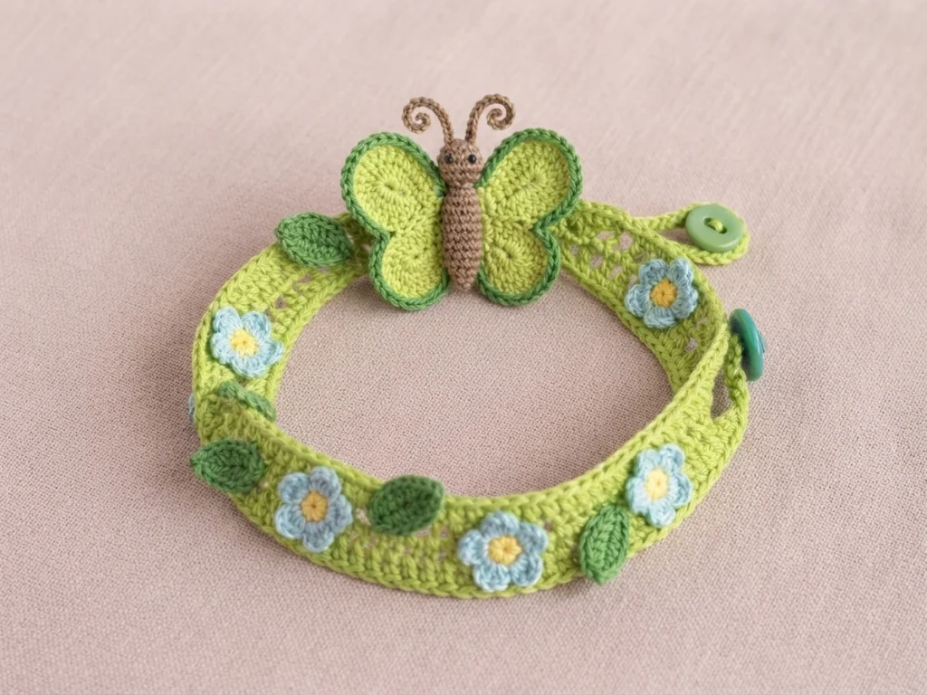 A finished lime-green crocheted bracelet with a butterfly center, small blue flowers with yellow centers, green leaves and green buttons, laid flat on pale pink fabric.