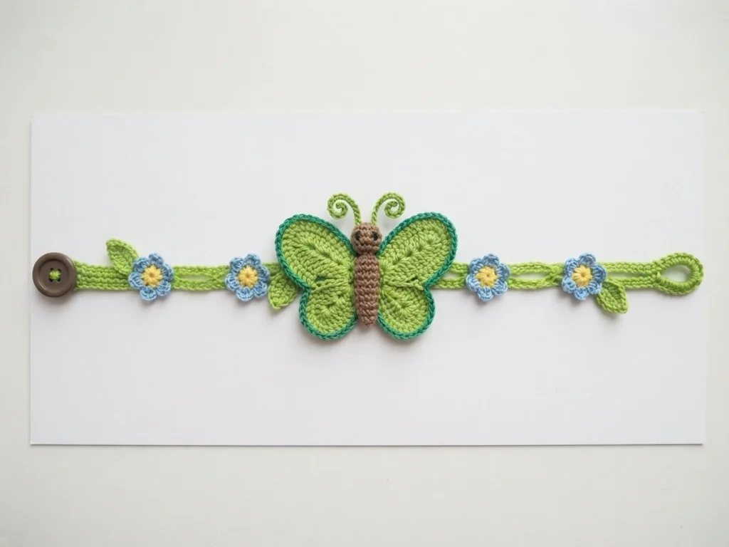 Crocheted bracelet with green butterfly motif, small blue and yellow flowers and brown button laid flat on white card