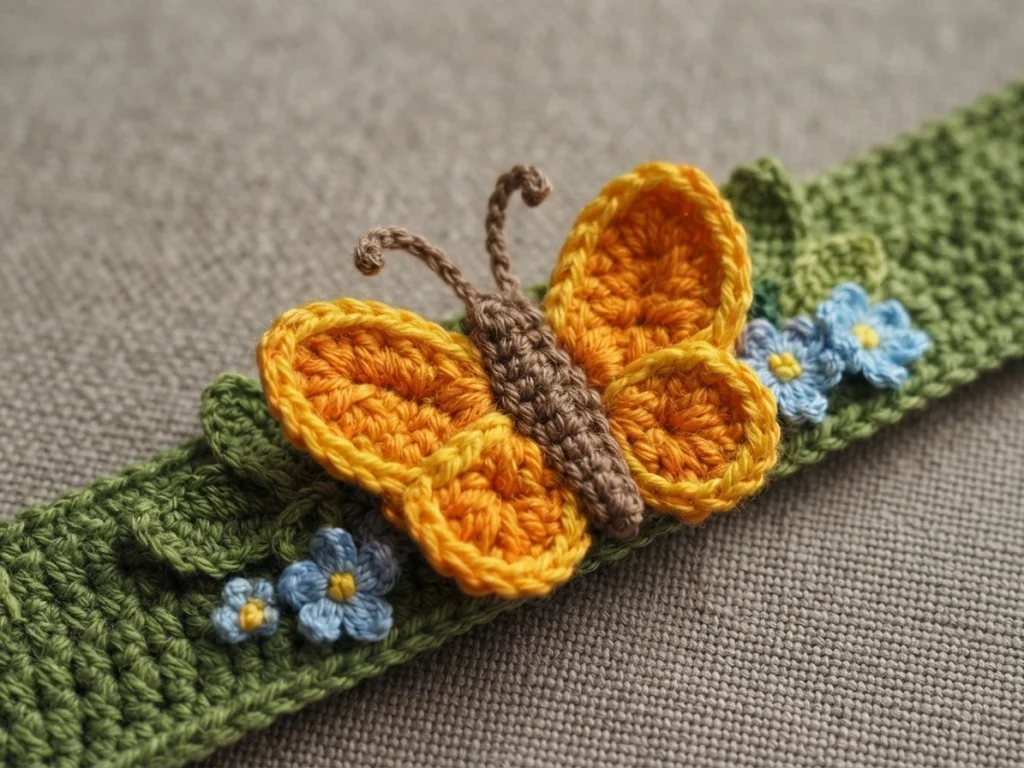 Close-up of a crocheted green bracelet decorated with an orange and yellow butterfly applique and small blue flowers with yellow centers