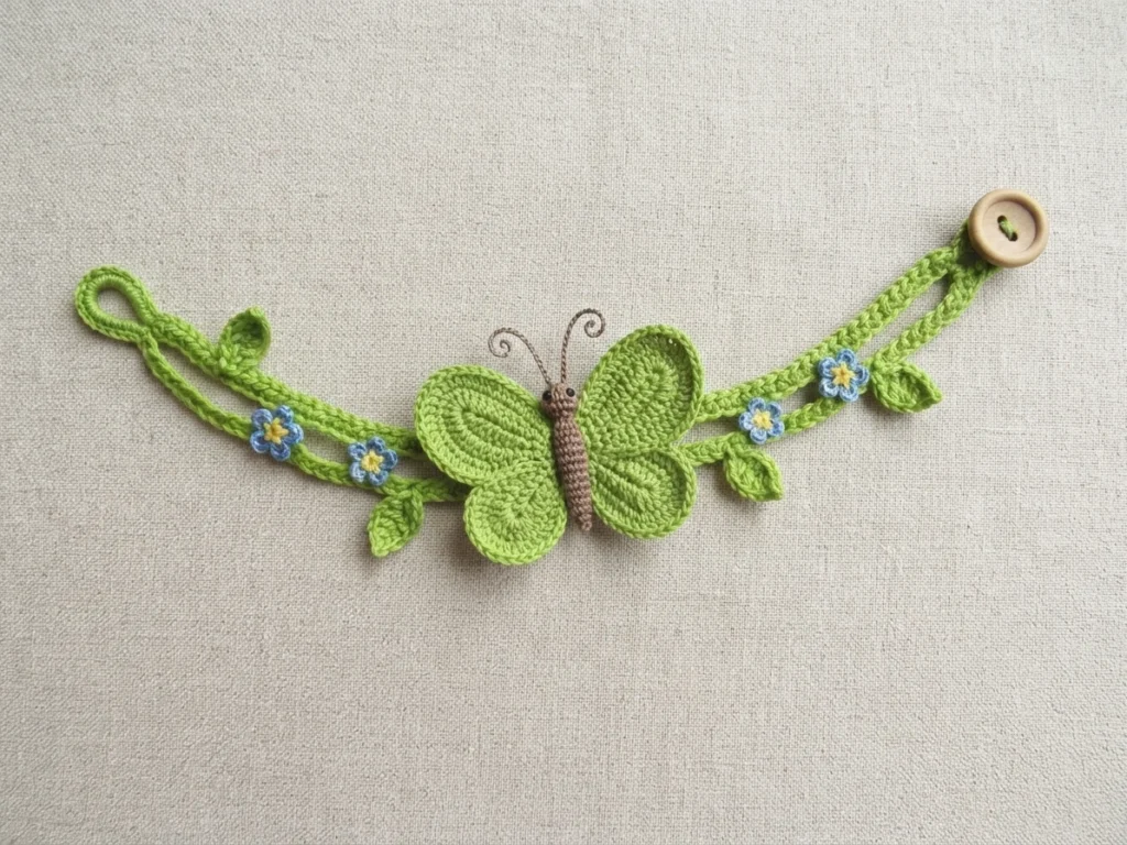 Finished crocheted bracelet with a green butterfly, small blue flowers and a wooden button on beige fabric.