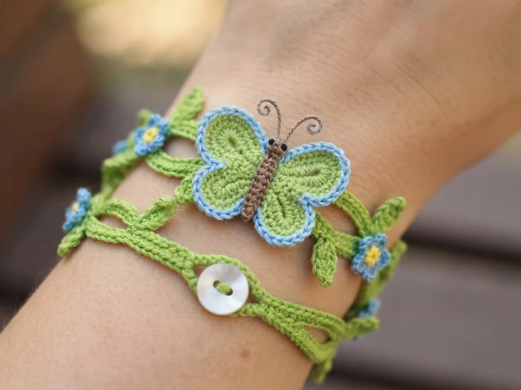 Green crochet bracelet with a green and blue butterfly, small blue flowers with yellow centers, leaf motifs and a white button, worn on a wrist.