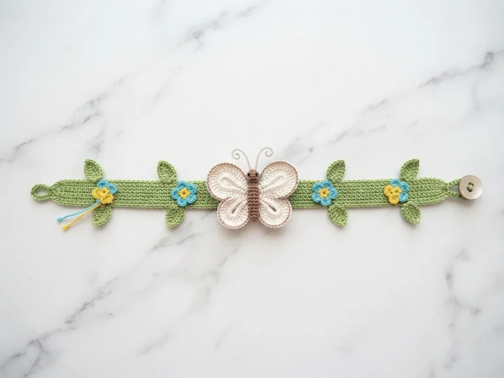 Crocheted green bracelet with a cream butterfly applique, blue and yellow flowers, green leaves and a button closure, laid flat on a white marble surface.
