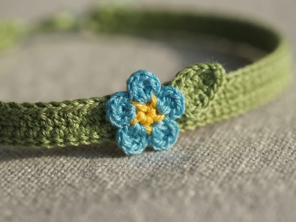 Close-up of a green crocheted bracelet band with a small blue flower with a yellow center and a green leaf, resting on neutral linen fabric.