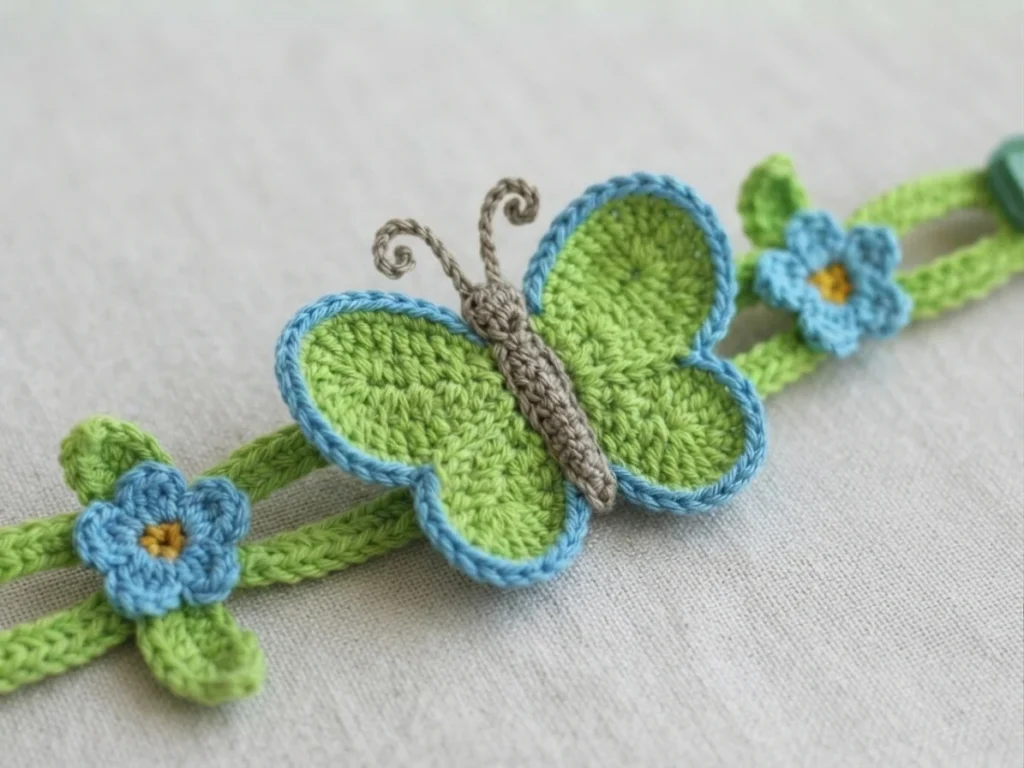 Close-up of a crocheted butterfly with lime-green wings edged in blue and a grey body, resting on a green crocheted bracelet band with small blue flowers with yellow centers