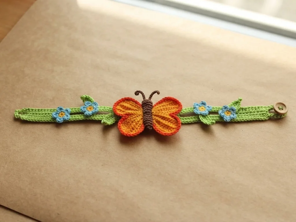 Crocheted green bracelet laid flat with a central orange butterfly, small blue flowers with yellow centers, green leaves and a round button closure.