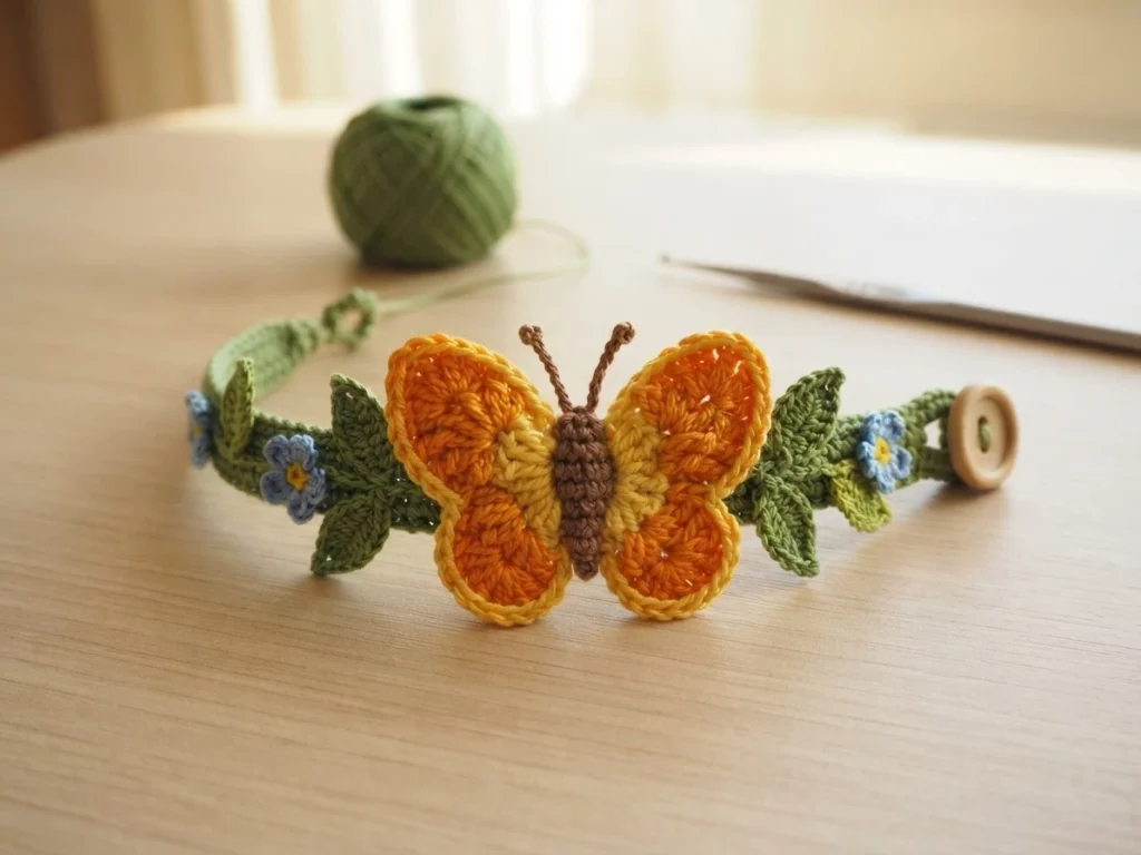 Crocheted summer butterfly bracelet with orange and yellow wings, a brown body, a green leaf band with small blue flowers and a wooden button, styled on a wooden table with a ball of green yarn and a crochet hook behind it.