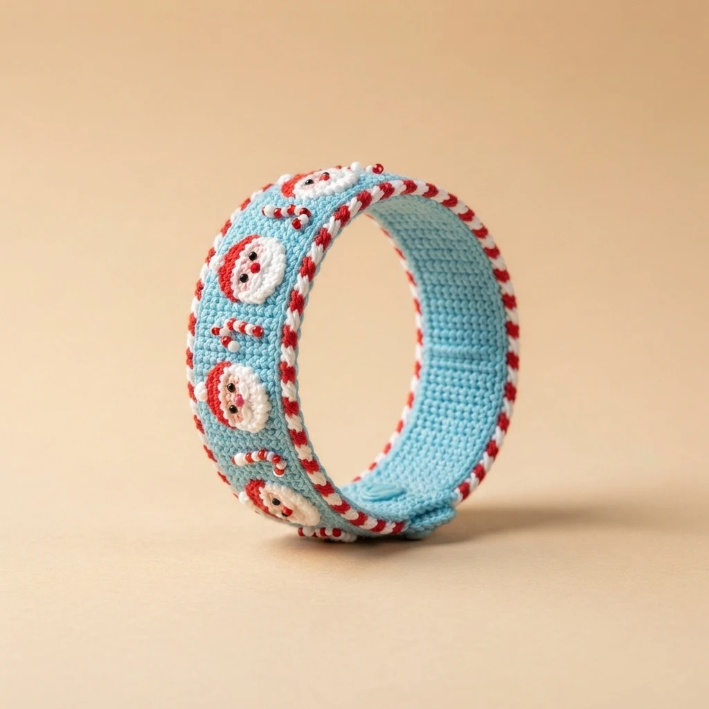 Light blue crocheted bangle bracelet with red trim, decorated with small Santa faces and candy canes, standing upright on a beige background.