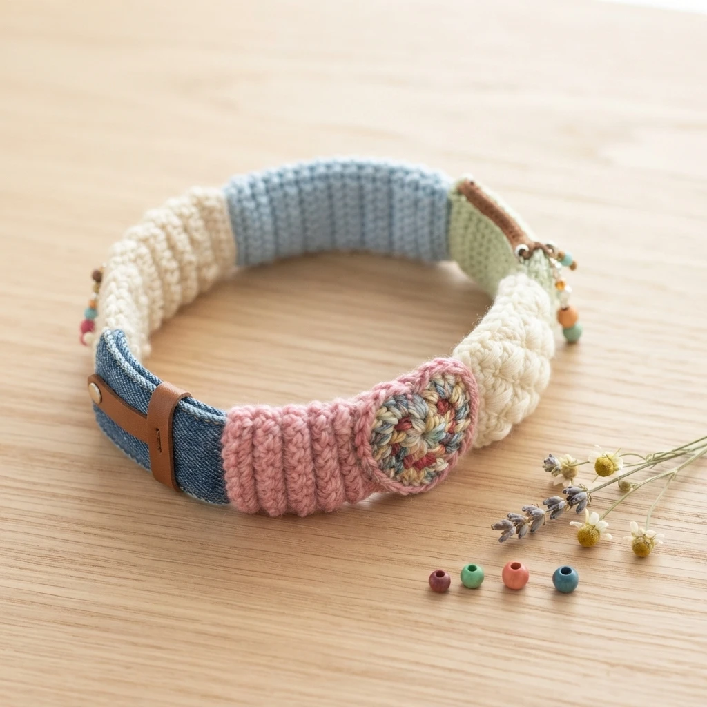 Colorful patchwork crochet bracelet with denim strap, pink and blue panels, wooden beads and dried flowers on a wooden table.