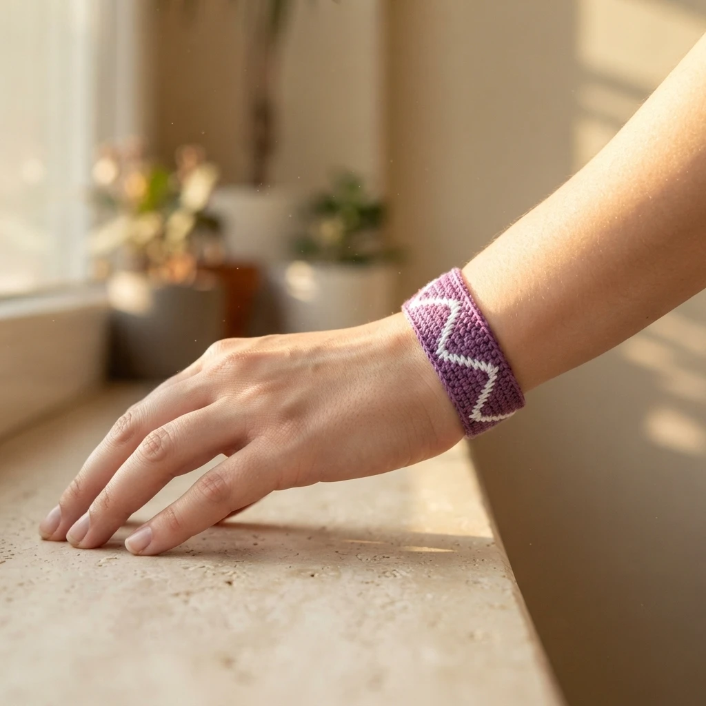 A hand wearing a wide purple crocheted bracelet with a white zigzag pattern, resting on a sunlit windowsill.