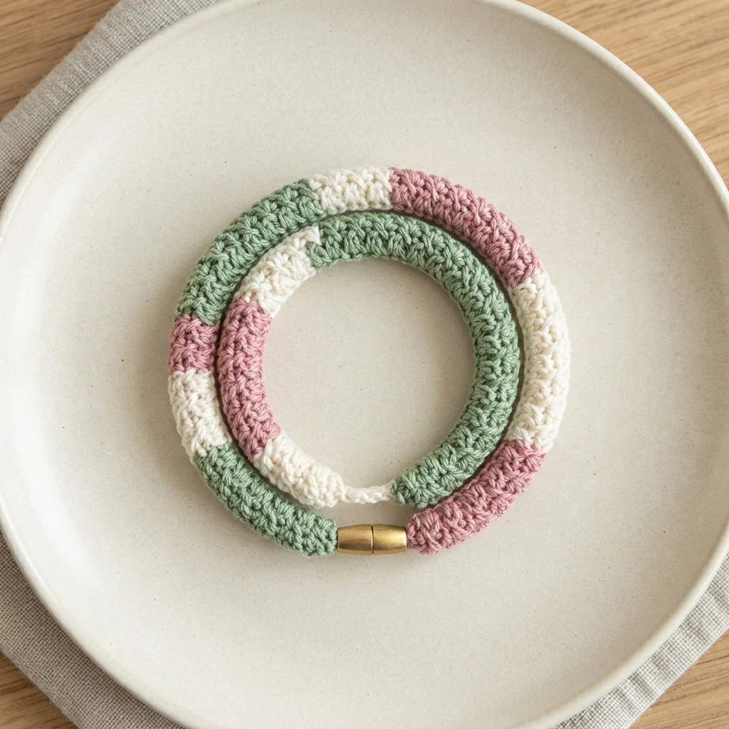 Crocheted bangle bracelet in blocks of cream, sage green and dusty pink yarn with a gold tube clasp, coiled on a white plate.