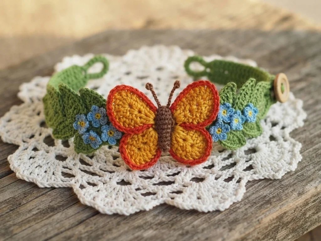 Finished crocheted butterfly bracelet with orange wings edged in red, a brown body, small blue flowers on a green leafy band, and a wooden button, displayed on a white doily.