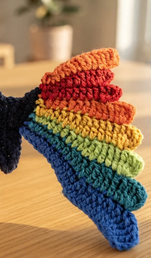 Crocheted rainbow butterfly wing with stacked colored segments joined to a black crocheted body, resting on a wooden table.