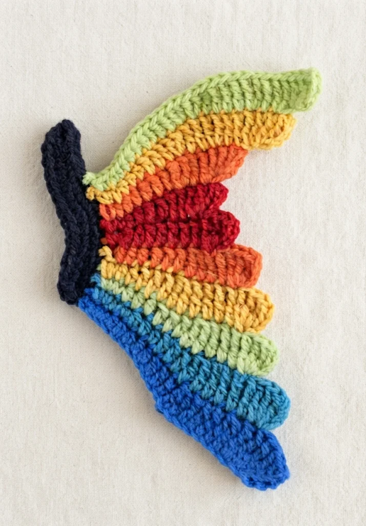 Partial rainbow crochet butterfly wing joined to a dark body section, shown on light fabric