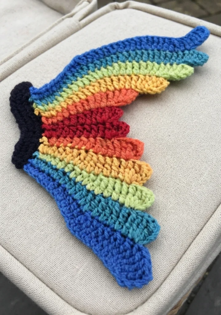 Crocheted rainbow butterfly wing with black edge on light beige fabric