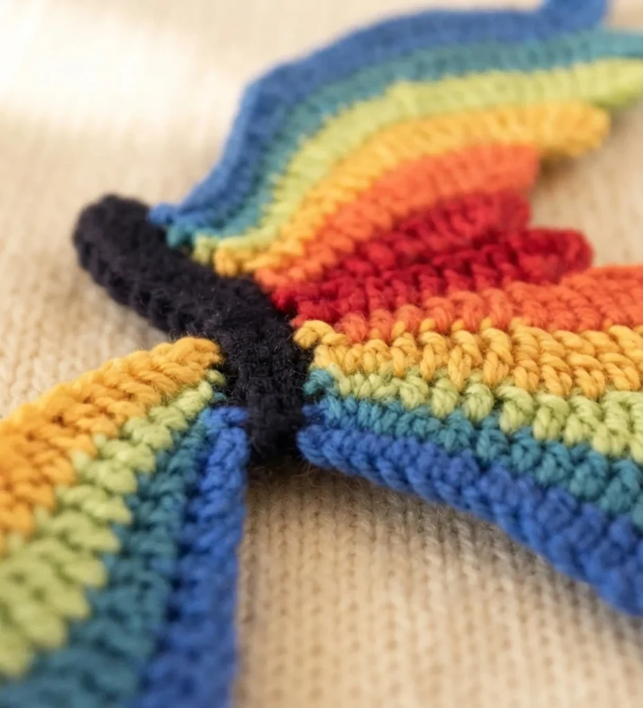 Close-up of a crocheted butterfly center with rainbow striped wings and black body on beige knit fabric