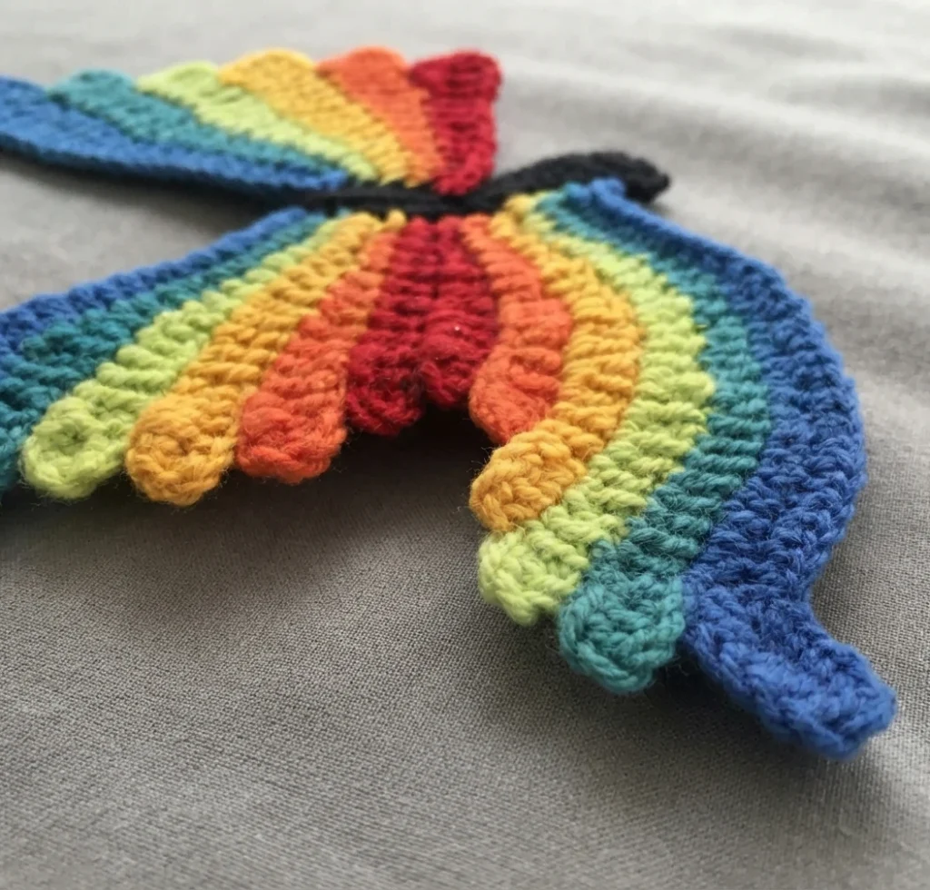Angled close-up of a rainbow crochet butterfly wing with blue, teal, green, yellow, orange and red segments on gray fabric.