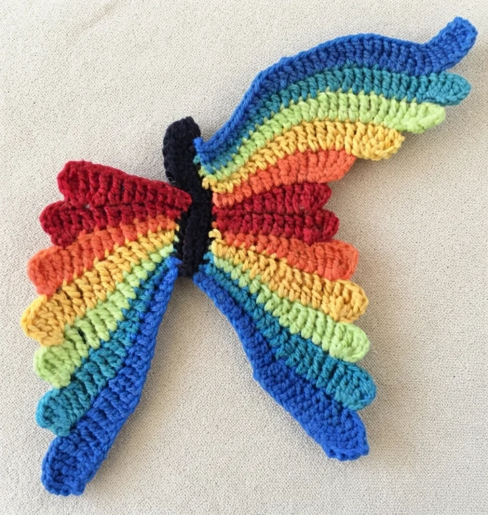 Partially completed rainbow crochet butterfly with striped wing segments and a black body, laid on light fabric