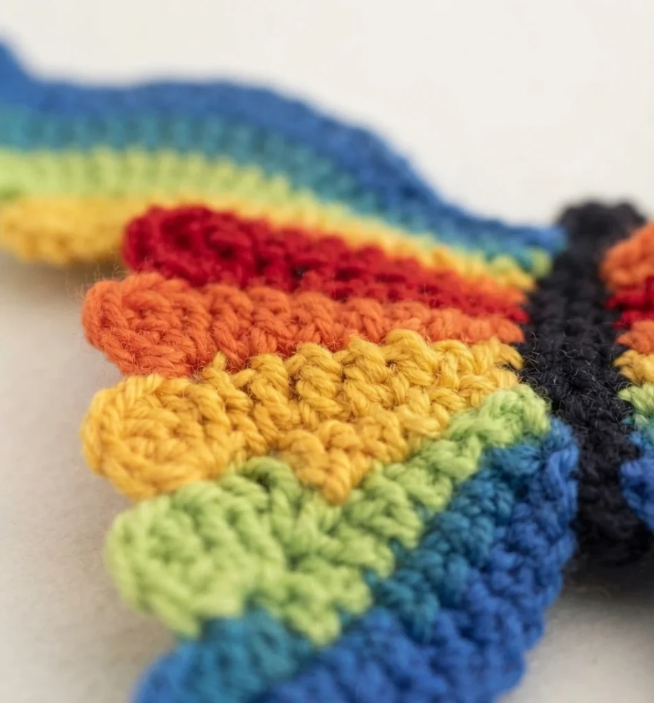 Close-up of a rainbow crocheted butterfly wing with blue, teal, green, yellow, orange and red segments next to a dark crocheted body on a light background