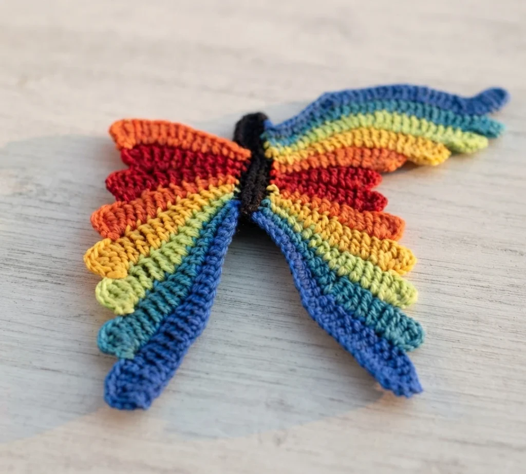 Crocheted rainbow butterfly with striped wings and black body on a light wooden surface