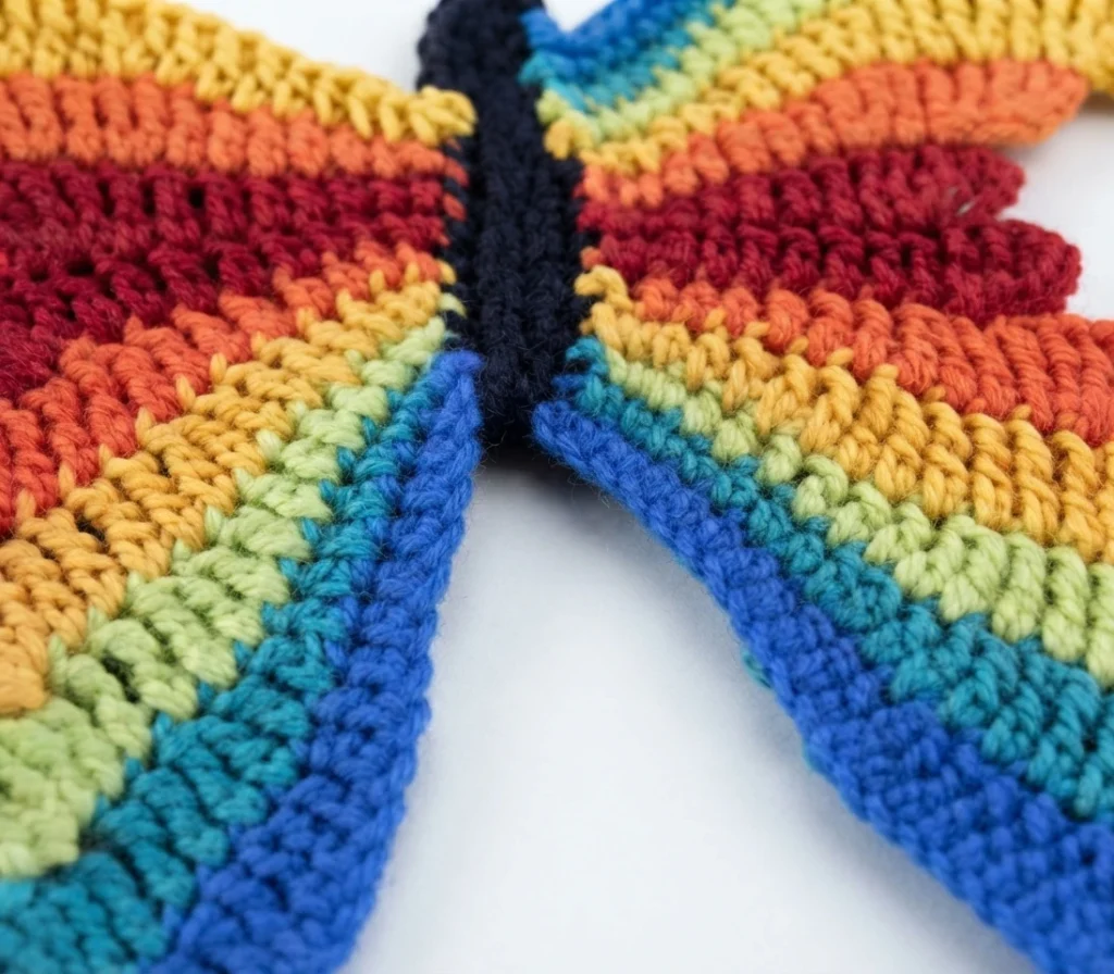 Close-up of a colorful crocheted butterfly showing striped wing segments in blue, teal, green, yellow, orange and red around a dark crocheted body on a white background.