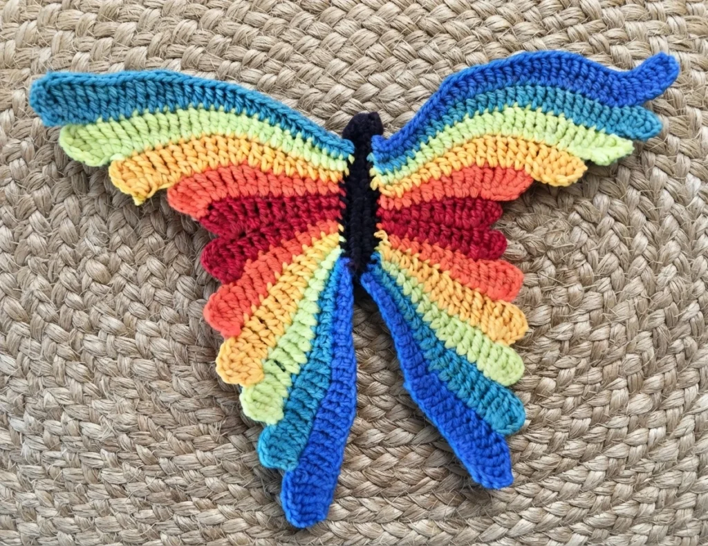 Crocheted rainbow butterfly with multicolored wings lying on a woven jute rug.