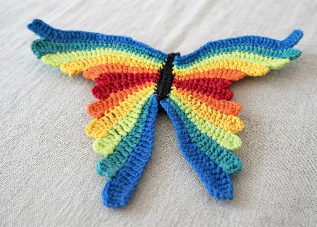 Rainbow crochet butterfly wings with striped segments in blue, teal, green, yellow, orange and red, laid flat on light beige fabric without the body or antennae.