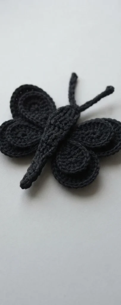 Black crochet butterfly with layered circular wings and two antennae on a light background