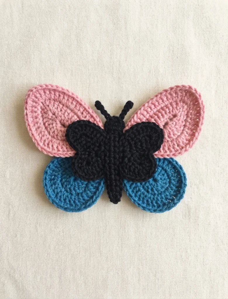 Crocheted butterfly with a black body and antennae, pink upper wings and blue lower wings on cream fabric.