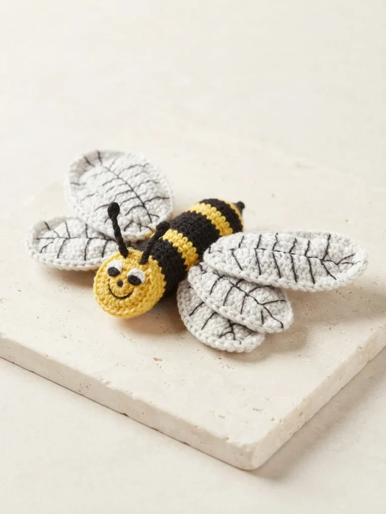 Crocheted bee applique with a yellow and black striped body, smiling embroidered face, and four white wings with dark vein stitching, displayed on a light stone slab.