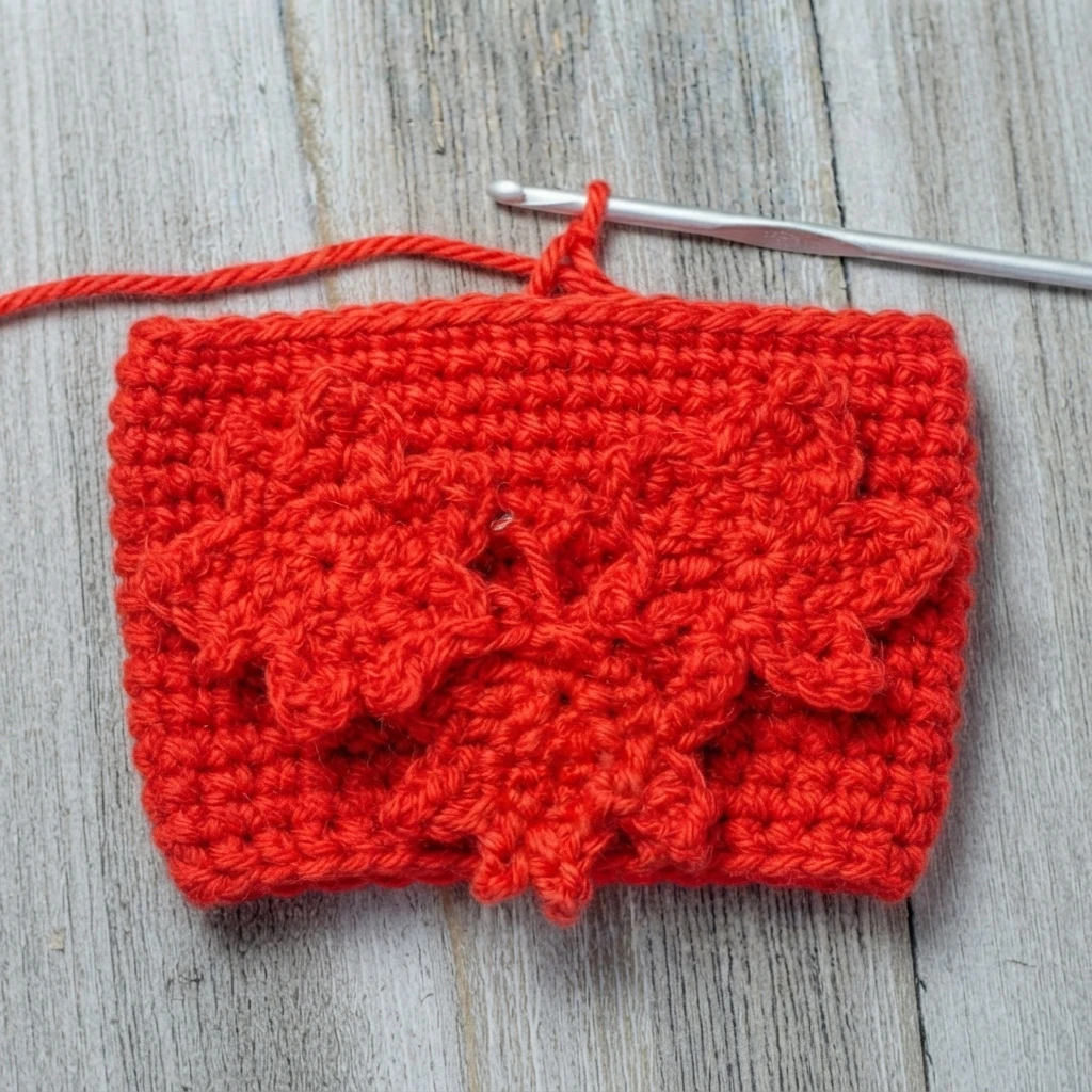 Red crocheted cup cozy with a raised leaf-like motif and a crochet hook resting above it on a wooden surface.