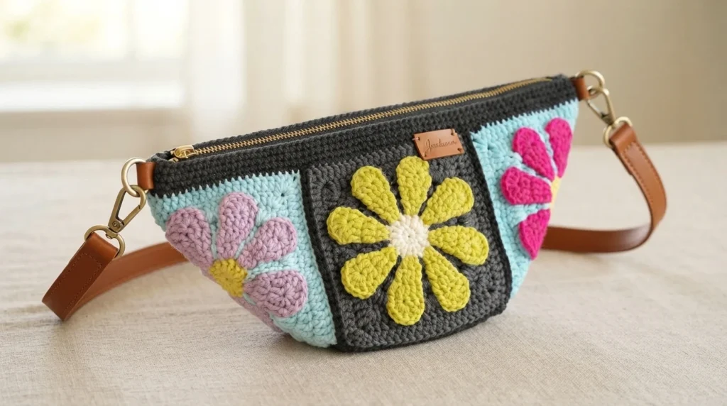 Crocheted granny square crossbody bag with a yellow daisy on a charcoal square, pink and lavender daisies on light blue squares, a zipper top, a brown leather strap and a small leather label, resting on a beige fabric surface.