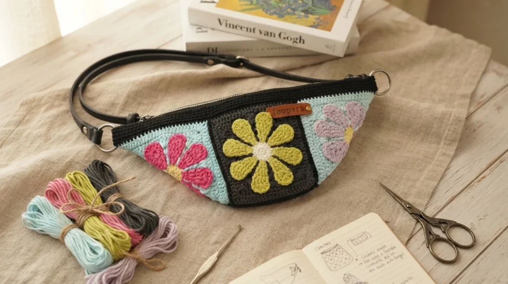 Crochet granny square crossbody bag with daisy motifs in pink, lime green and lilac on black and light blue squares, styled on linen with yarn skeins, a crochet hook, scissors and a notebook