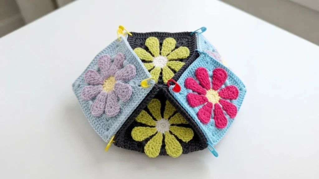 Four crocheted flower granny squares pinned with colored stitch markers and folded up into a bag shape