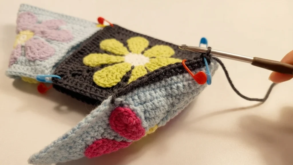 Crochet hook joining folded floral granny squares with stitch markers to seam the bag