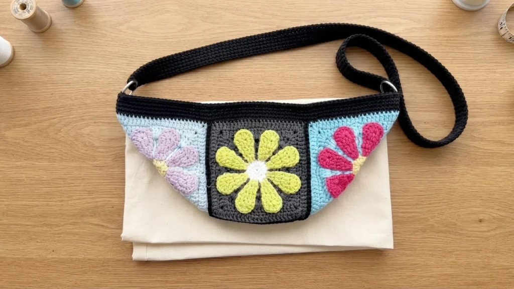 Crochet granny square bag with floral squares placed on folded beige lining fabric with a black strap on a wooden table
