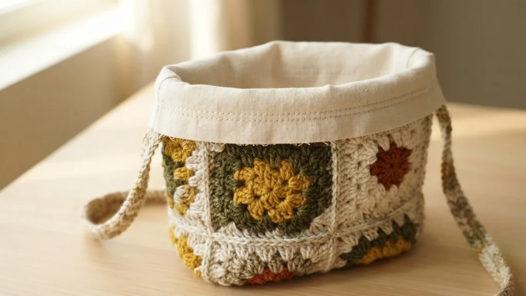 A crochet granny square crossbody bag in earthy tones with a cream fabric lining sewn around the top edge, resting on a wooden table.