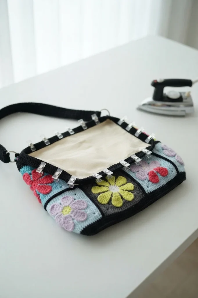 Open crochet granny square crossbody bag with floral motifs, beige lining held by clips, black strap, and an iron on a white table.