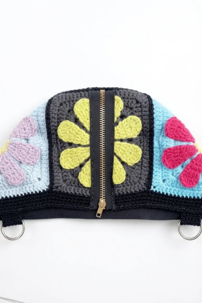 Top view of a crochet granny square bag body with a zipper sewn along the top edge and a black lining strip visible below