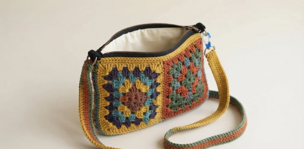 Multicolor crochet granny square crossbody bag with open black zipper, visible white lining and striped crochet strap.