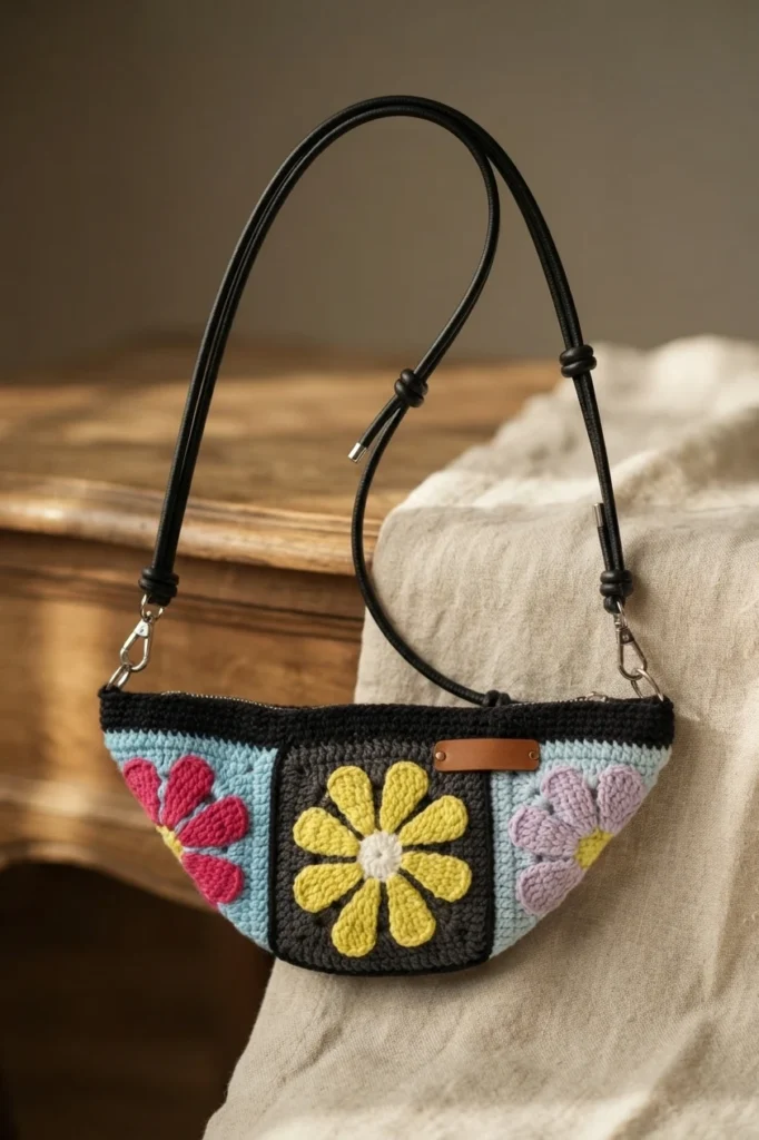Crocheted granny square crossbody bag with three flower motifs, black top band, blank brown leather label and black strap, resting on draped beige fabric