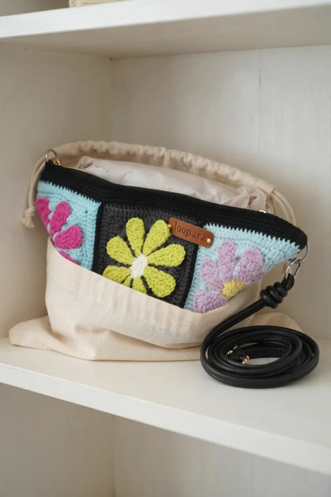 Crochet granny-square crossbody bag with black top border and colorful floral squares, stored in a beige cotton bag with tissue paper and a coiled black strap beside it.