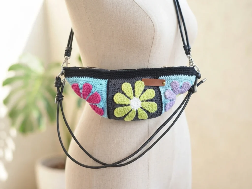 Crochet granny square crossbody bag with three floral motifs in pink, yellow-green and lilac, black zipper and strap, displayed on a dress form.