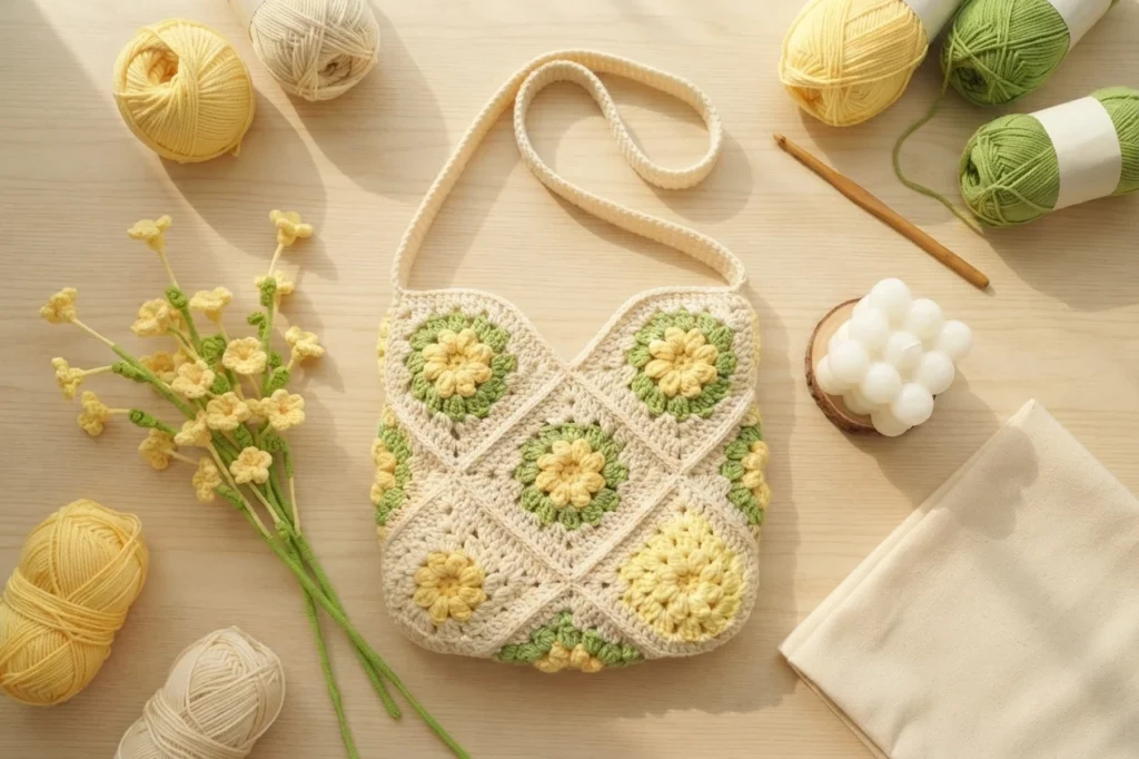 Finished granny square crossbody bag with yellow and green daisy motifs, flat lay with yarn balls, jasmine sprigs, hook and candle