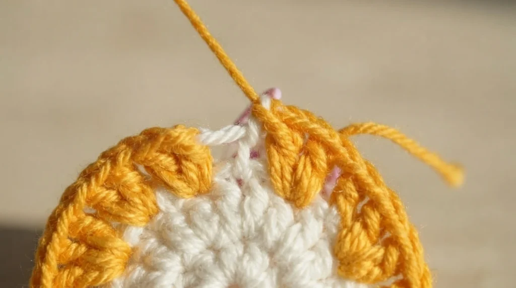 Close-up of Round 3 in progress showing a white crocheted center with a golden-yellow outer round, the working yarn and a pink stitch marker.