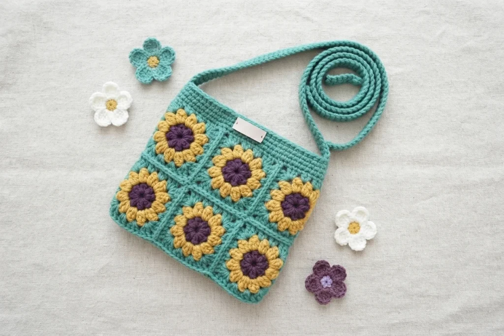 Teal crocheted granny square crossbody bag with purple and yellow sunflower motifs, a long crocheted strap and loose flower appliqués scattered around