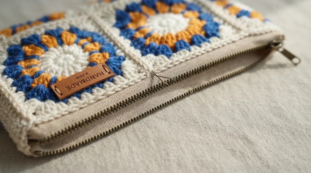 Close-up of a zippered crochet pouch made from blue, orange and cream granny squares with a beige zipper and a small leather label.