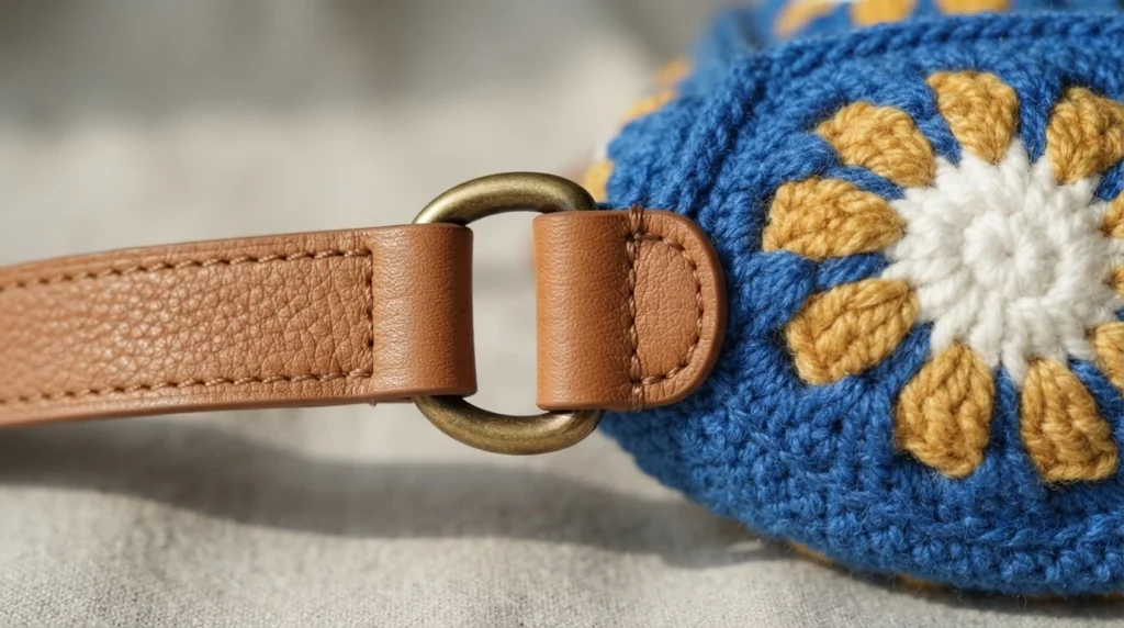 Close-up of a blue crocheted granny-square bag corner with a mustard and white flower motif, attached to a tan leather strap with a brass D-ring.