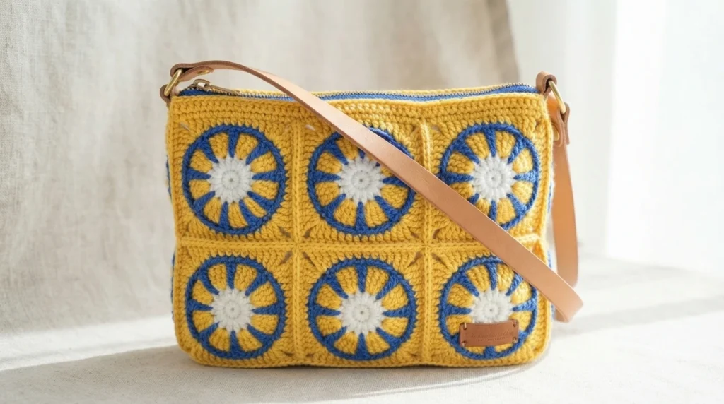 Finished crochet granny square crossbody bag with six yellow squares featuring blue and white circular motifs, tan leather strap and blue zipper, on a light fabric background.